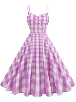 Fashion Retro Stage 1950s Ruched Spaghetti Straps Gingham Plaid Dress