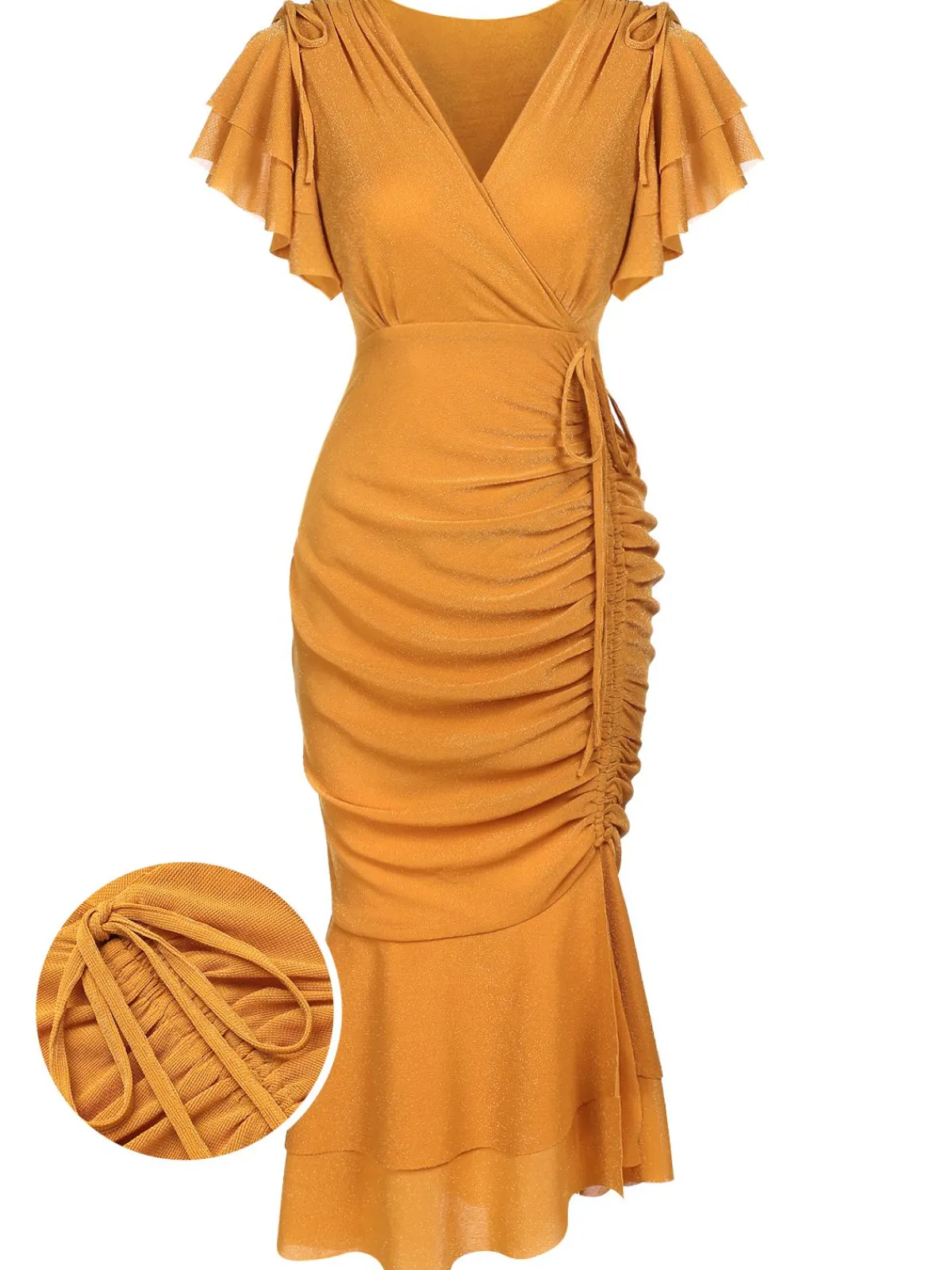 Sale Retro Stage 1930s Ruffle Lace-up Fishtail Dress