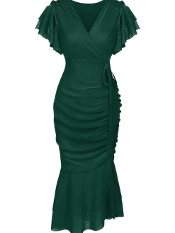 Sale Retro Stage 1930s Ruffle Lace-up Fishtail Dress