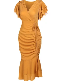 Sale Retro Stage 1930s Ruffle Lace-up Fishtail Dress