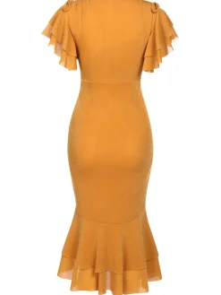 Sale Retro Stage 1930s Ruffle Lace-up Fishtail Dress