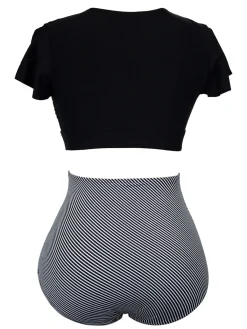 New Retro Stage 1950s Ruffle Sleeve Lace-Up Patchwork Swimsuit