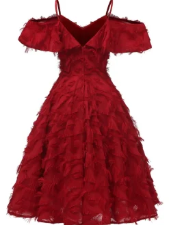 Clearance Retro Stage 1950s Ruffle Tassel Feather Solid Dress