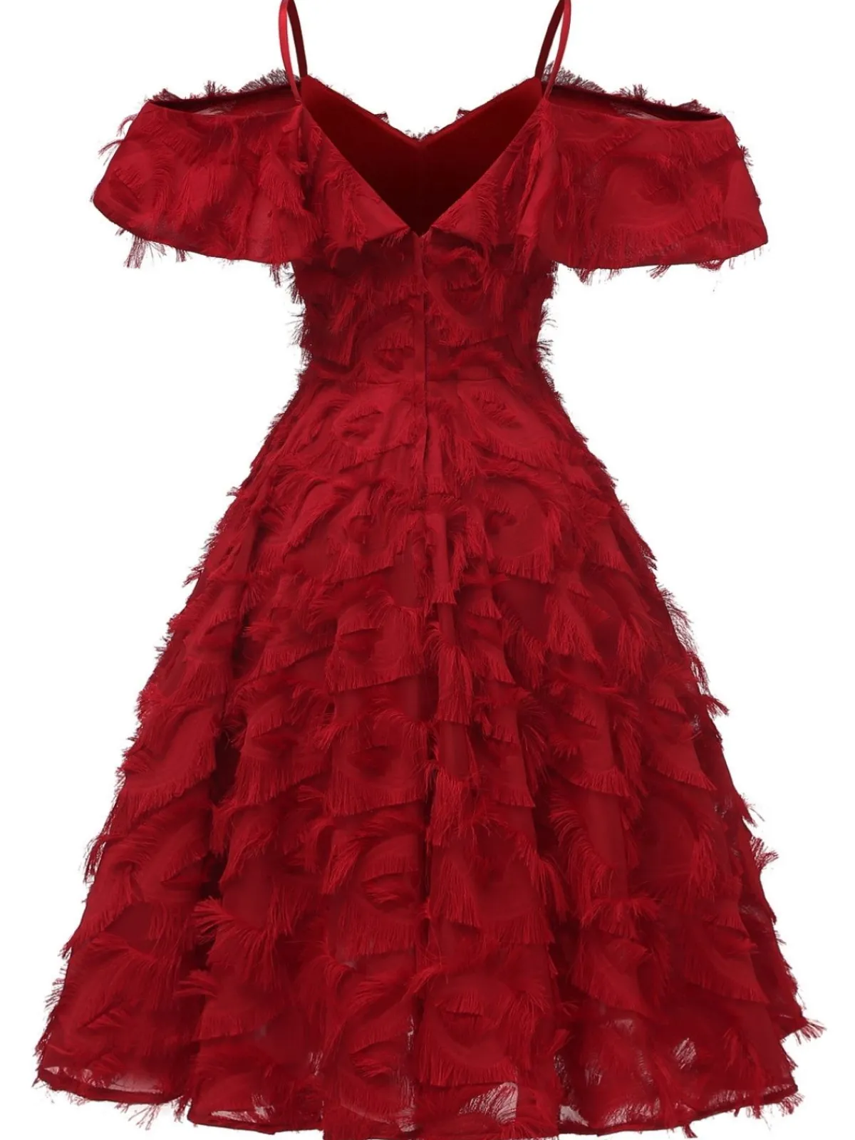 Clearance Retro Stage 1950s Ruffle Tassel Feather Solid Dress