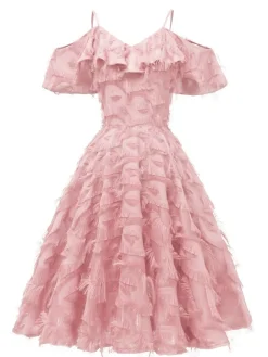 Clearance Retro Stage 1950s Ruffle Tassel Feather Solid Dress