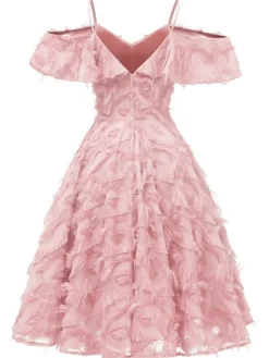 Clearance Retro Stage 1950s Ruffle Tassel Feather Solid Dress