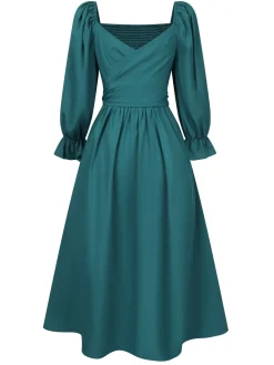 New Retro Stage 1940s Ruffle Wrap Reversible Puff Sleeve Dress