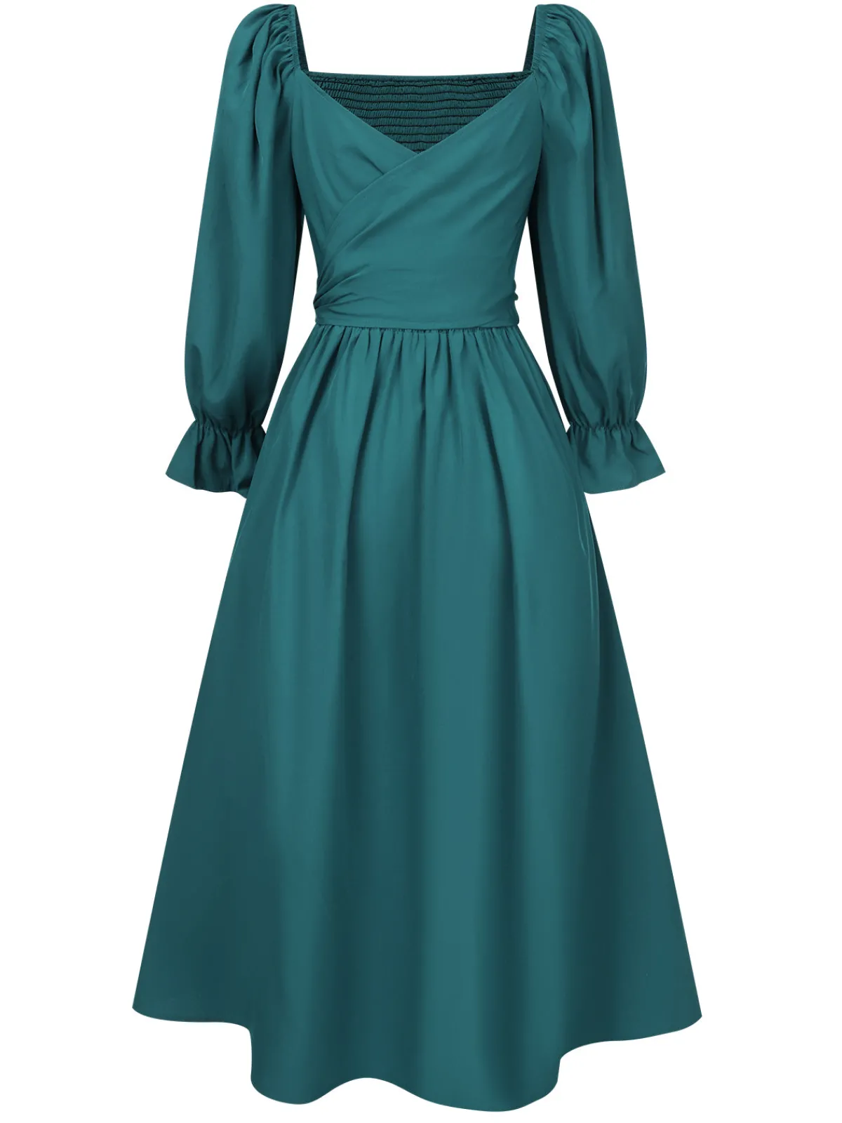Online Retro Stage 1940s Ruffle Wrap Reversible Puff Sleeve Dress