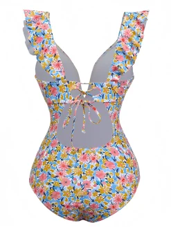 Online Retro Stage 1950s Ruffled Ditsy Floral Deep V-Neck Swimsuit Multicolor