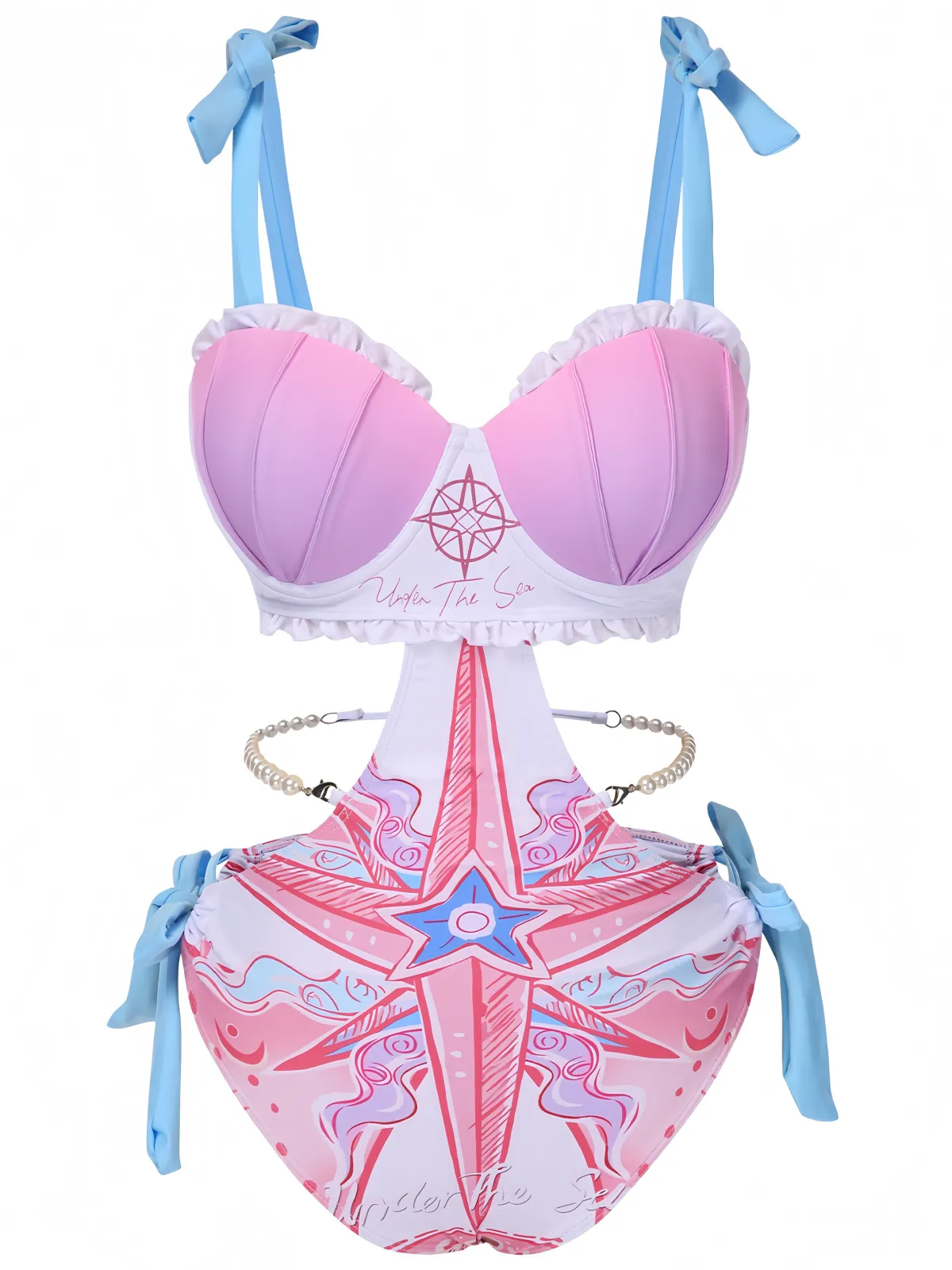 New Retro Stage 1970s Ruffled Pearl Chain Hollow Waist Swimsuit Pink