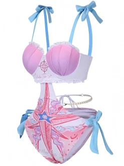 New Retro Stage 1970s Ruffled Pearl Chain Hollow Waist Swimsuit Pink