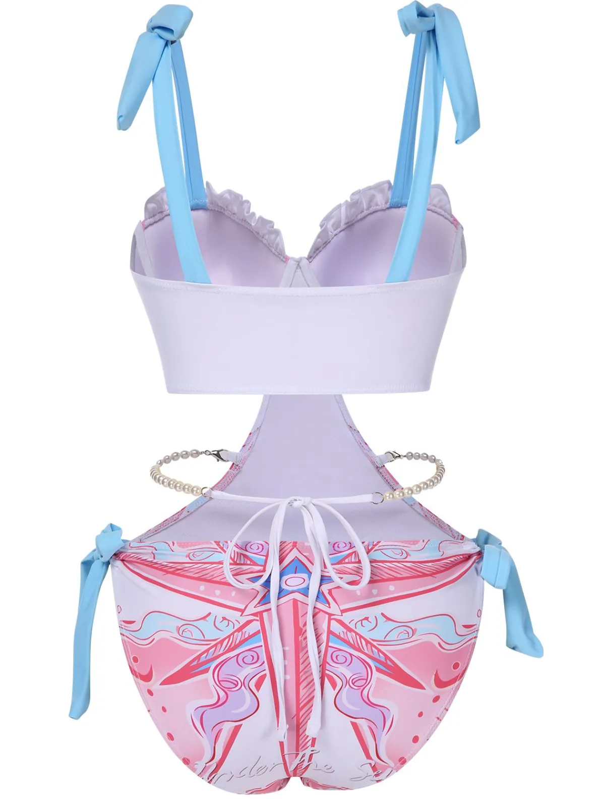 New Retro Stage 1970s Ruffled Pearl Chain Hollow Waist Swimsuit Pink