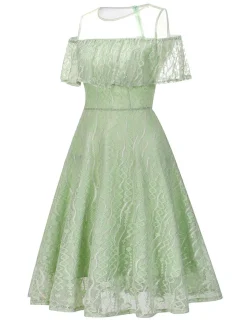 Discount Retro Stage 1950s Ruffled Sleeves Lace Swing Dress