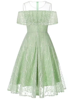 Discount Retro Stage 1950s Ruffled Sleeves Lace Swing Dress