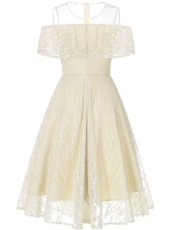 Discount Retro Stage 1950s Ruffled Sleeves Lace Swing Dress
