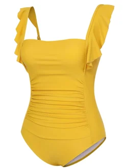 Discount Retro Stage 1950s Ruffles Backless Solid One-Piece Swimsuit