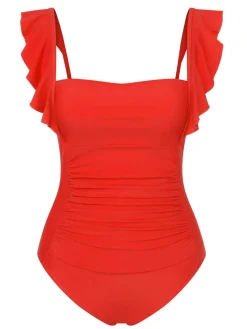 Discount Retro Stage 1950s Ruffles Backless Solid One-Piece Swimsuit