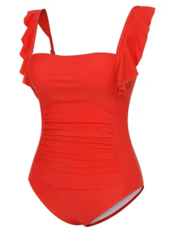 Discount Retro Stage 1950s Ruffles Backless Solid One-Piece Swimsuit