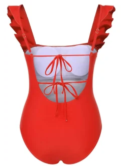 Discount Retro Stage 1950s Ruffles Backless Solid One-Piece Swimsuit