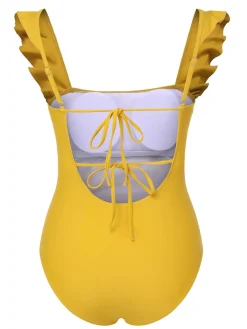 Discount Retro Stage 1950s Ruffles Backless Solid One-Piece Swimsuit