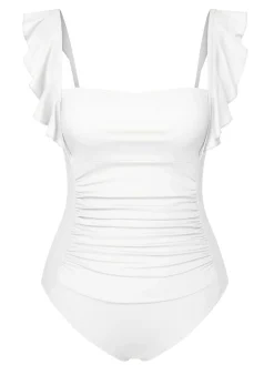 Discount Retro Stage 1950s Ruffles Backless Solid One-Piece Swimsuit
