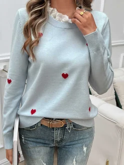 Outlet Retro Stage 1940s Ruffles Heart Embroidered Sweater