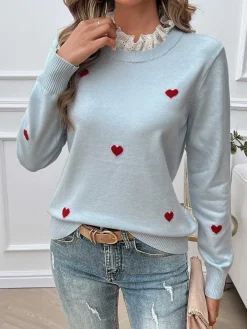Outlet Retro Stage 1940s Ruffles Heart Embroidered Sweater