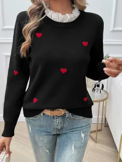 Outlet Retro Stage 1940s Ruffles Heart Embroidered Sweater