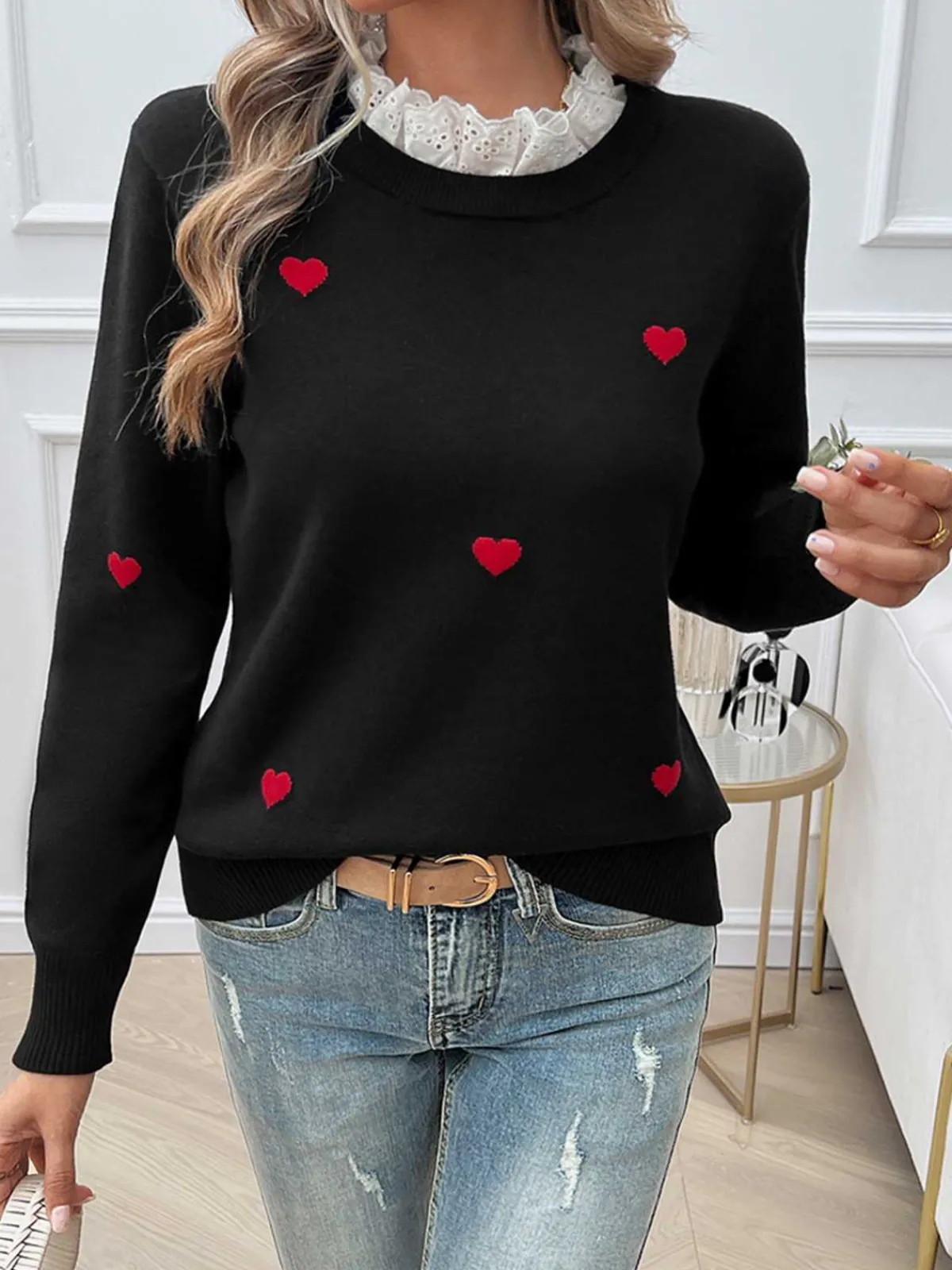 Outlet Retro Stage 1940s Ruffles Heart Embroidered Sweater