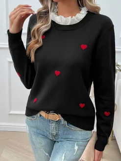 Outlet Retro Stage 1940s Ruffles Heart Embroidered Sweater