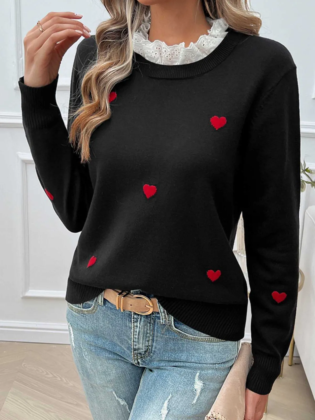 Outlet Retro Stage 1940s Ruffles Heart Embroidered Sweater