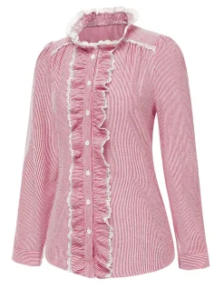 Sale Retro Stage 1940s Ruffles Lace Stripes Blouse