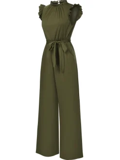 New Retro Stage 1960s Ruffles Sleeve High Waist Wide-Leg Belted Jumpsuit