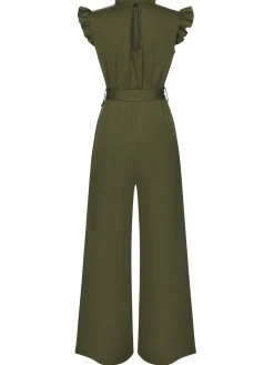 New Retro Stage 1960s Ruffles Sleeve High Waist Wide-Leg Belted Jumpsuit