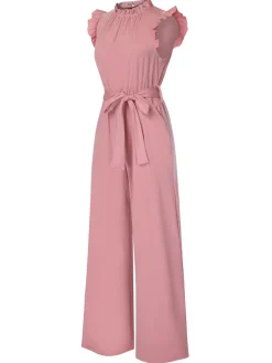 New Retro Stage 1960s Ruffles Sleeve High Waist Wide-Leg Belted Jumpsuit