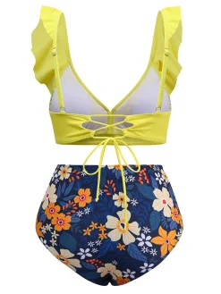 Online Retro Stage 1950s Ruffles Strap Floral Lace-Up Bikini Set