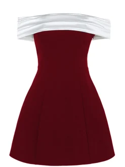 Best Retro Stage 1960s Satin Patchwork Off-shoulder Babydoll Dress