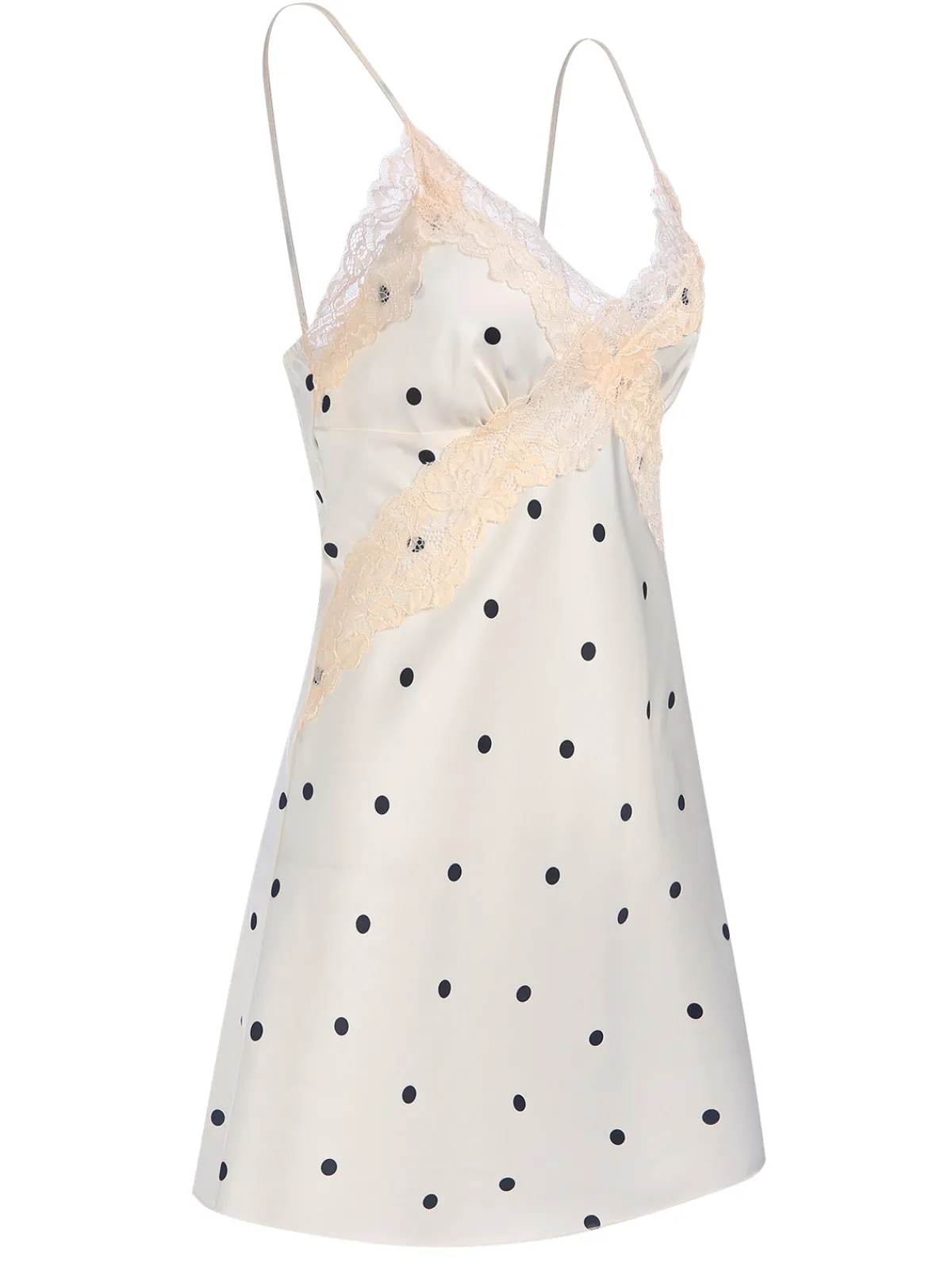 Online Retro Stage 1970s Satin Polka Dot Lace Silk Nightdress White