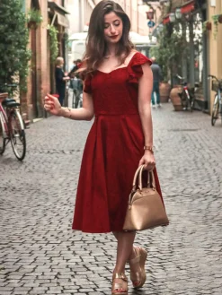 Discount Retro Stage 1950S Satin Solid Swing Dress Wine red