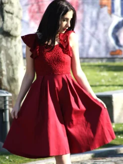 Discount Retro Stage 1950S Satin Solid Swing Dress Wine red