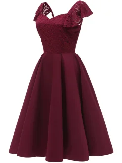 Discount Retro Stage 1950S Satin Solid Swing Dress Wine red