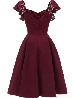 Discount Retro Stage 1950S Satin Solid Swing Dress Wine red