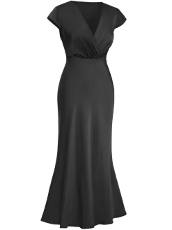 Discount Retro Stage 1930s Satin Solid V-Neck Fishtail Dress