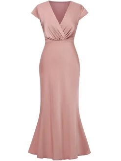 Discount Retro Stage 1930s Satin Solid V-Neck Fishtail Dress