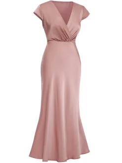 Discount Retro Stage 1930s Satin Solid V-Neck Fishtail Dress