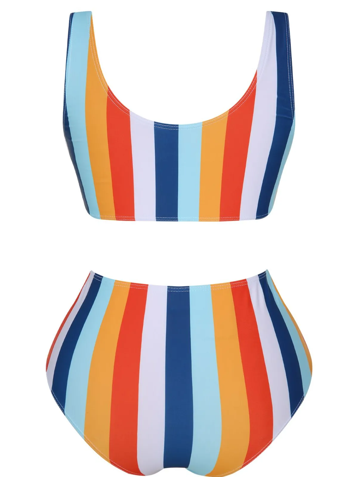 Fashion Retro Stage 1930s Scoop Neck Striped Swimsuit Set Rainbow