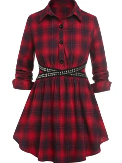 New Retro Stage 1930s Scottish Plaid Lapel Belt Blouse