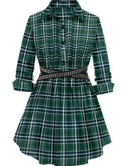 New Retro Stage 1930s Scottish Plaid Lapel Belt Blouse