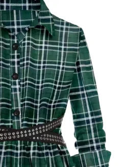 New Retro Stage 1930s Scottish Plaid Lapel Belt Blouse