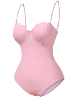 Best Retro Stage 1950s Seashell Pearl Straps One-Piece Swimsuit